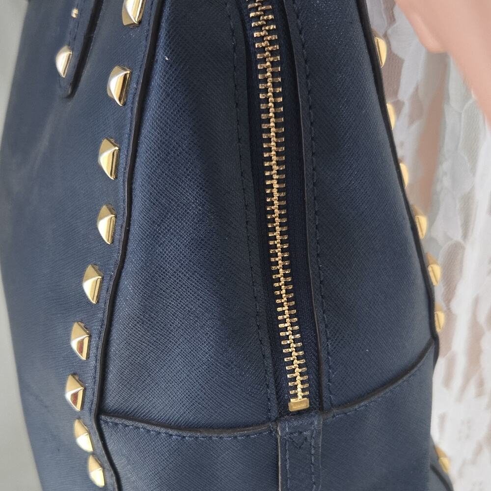 Michael Kors Navy Saffiano Leather Studded Satchel Bag Top Zip Large - Picture 7 of 14